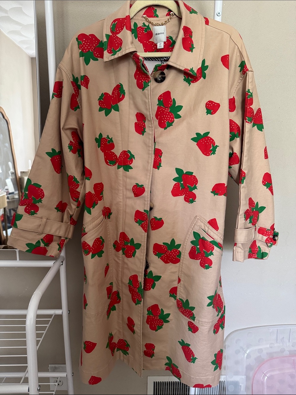 Anthropologie / Maeve Beige Trench Coat with Red & Green Strawberry Print